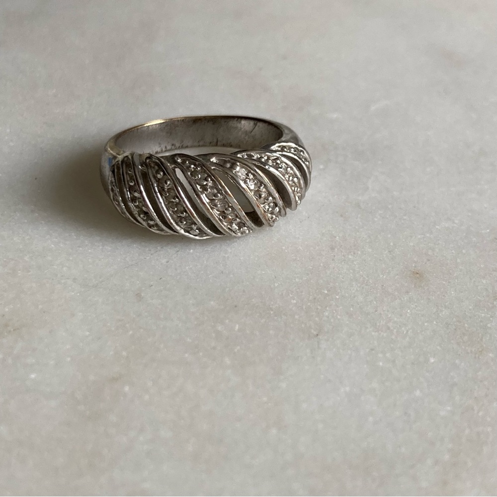 Silver Tone Dome Ring with Crystal Diamond Accents
